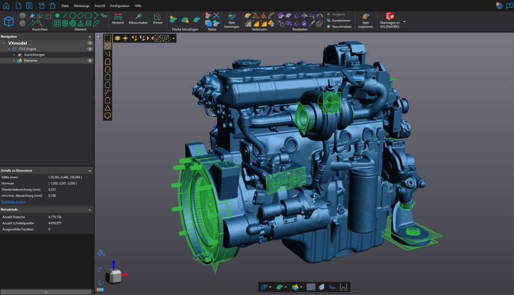 VXelements 数据采集软件中的发动机缸体扫描图像。绿色部分为测试台连接点。