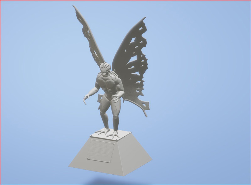 电脑屏幕上显示“天蛾人”雕像的高精度 CAD 3D 三维模型。[
