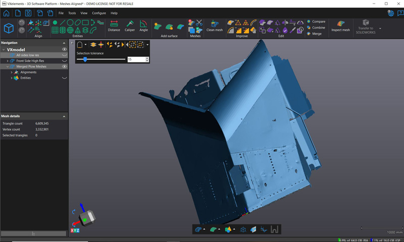 （VXelements 3D 三维扫描计量软件平台 Creaform Metrology Suite扫描软件的屏幕截图，显示 3D 扫描部件的图像。）