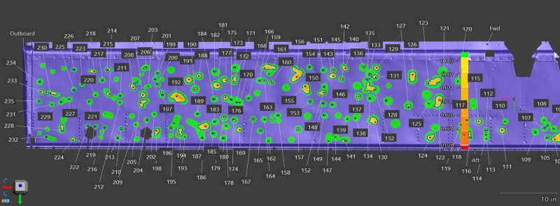 A screen capture of Creaform Integrity Suite and the hailstorm damage of an aircraft part.