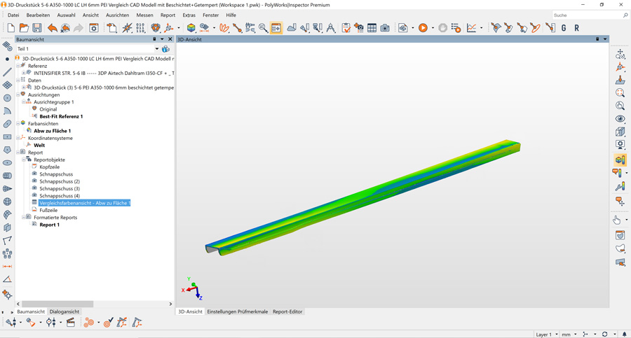 Eine PolyWorks-Bildschirmaufnahme eines mit dem MetraSCAN 3D gescannten Luft- und Raumfahrtbauteils.