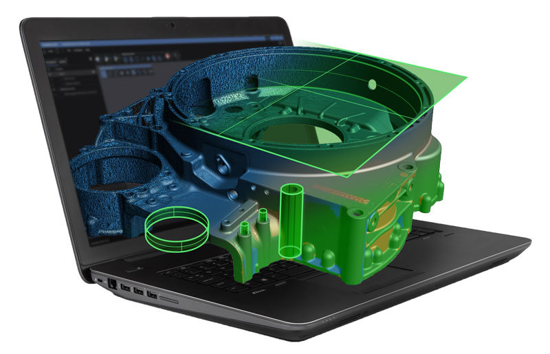 Immagine 3D di un portatile con modello di scansione in blu di una parte realizzata con fusione visualizzata con mappa dei colori e sezioni trasversali