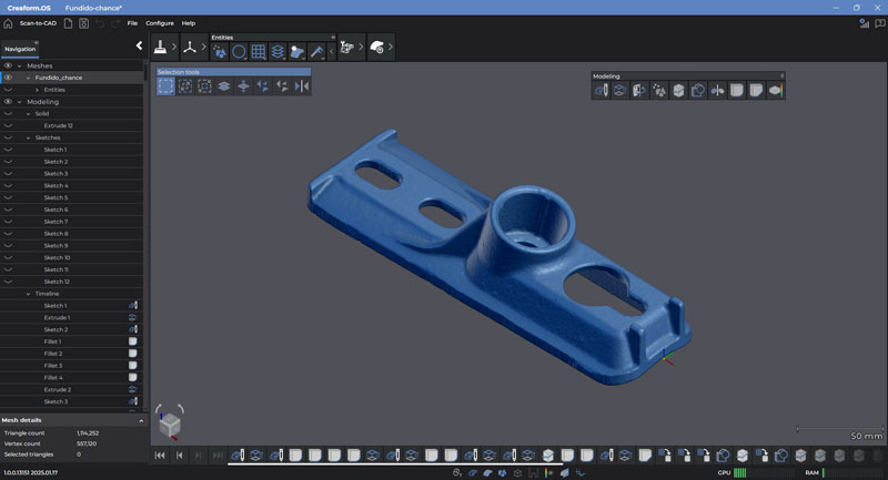 Screenshot of blue raw data of a casting part in Creaform Metrology Suite’s Scan-to-CAD module