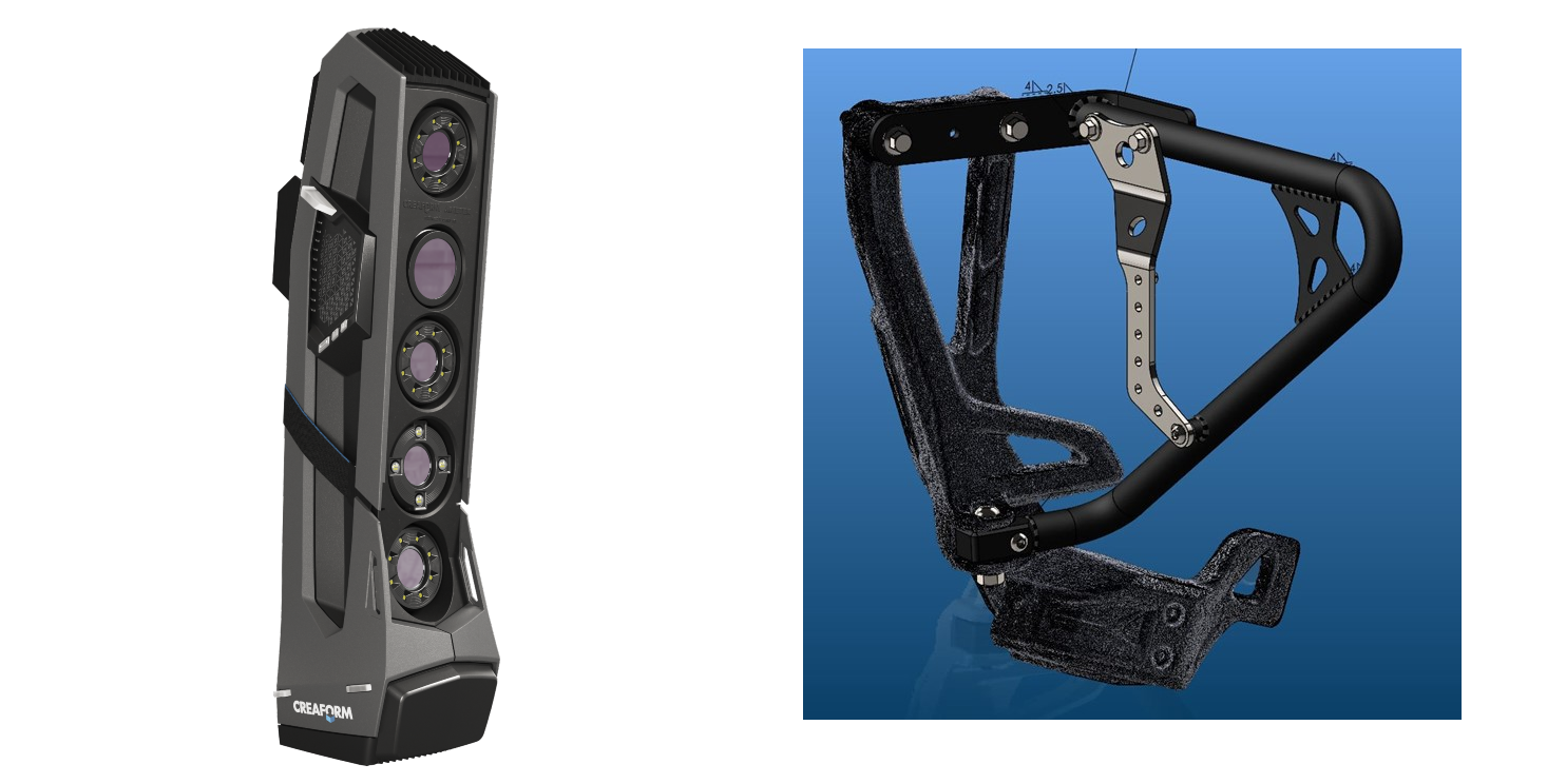 : Go!SCAN SPARK 产品图片：带有多个摄像头的黑色手持扫描仪, 导入 SolidWorks 的摩托车车架扫描数据