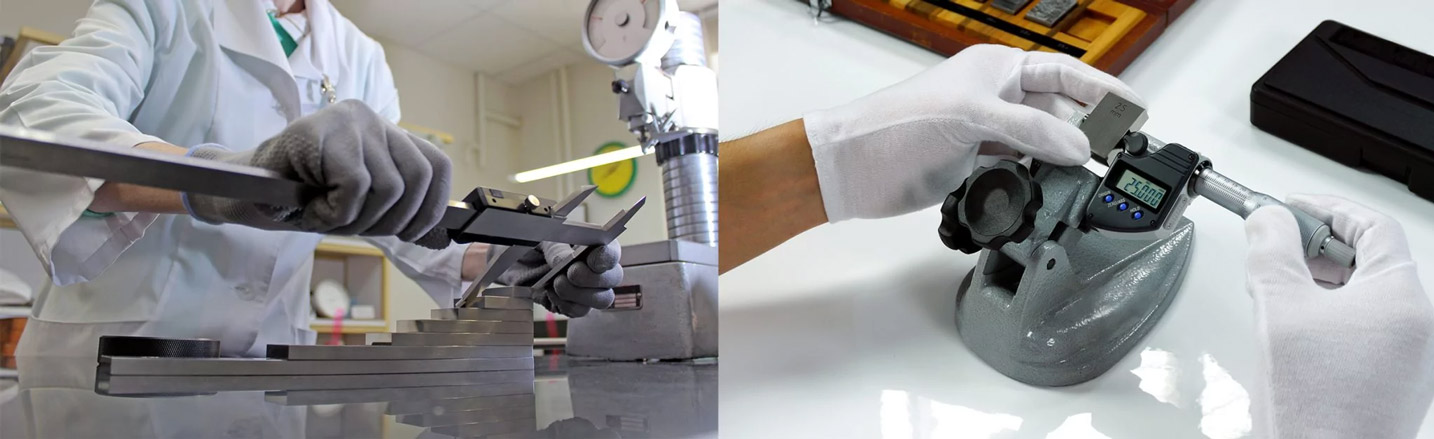 Dos imágenes que muestran laboratorios de metrología con, a la izquierda, un técnico usando un calibrador para medir la altura de bloques de aluminio y, a la derecha, un técnico usando un micrómetro para medir la altura de un bloque de aluminio