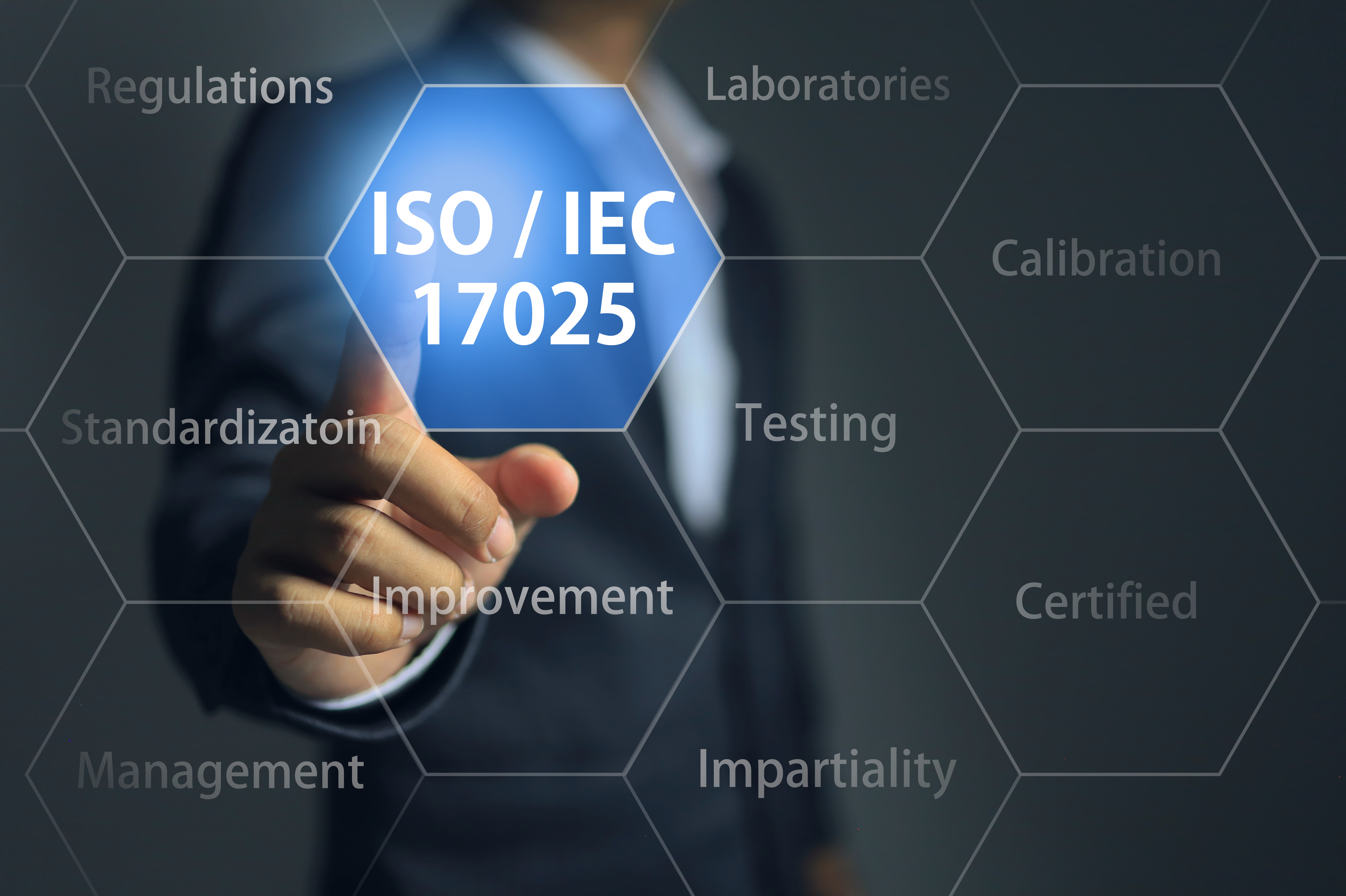 男子在六边形网格后点击 ISO/IEC 17025 单元,使其变为蓝色。显示的其他词语包括法规、标准化、管理、改进、实验室、测试、公正性、校准和认证