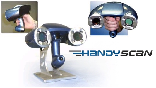 通过三个角度展示 HandySCAN 3D 手持式扫描仪，包括固定与手持视角