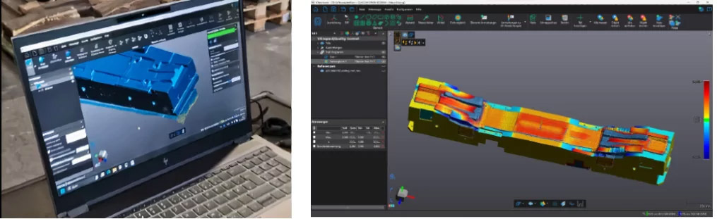 在 VXinspect 软件中进行 3D 扫描 然后在焊接后的成形工具上进行雕刻对比，包括对颜色进行对比。