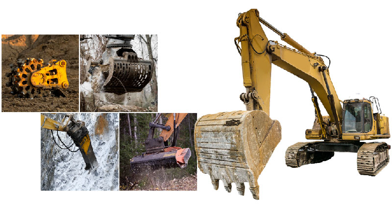 Montage of different equipment attachments on the left with a yellow excavator with a bucket attachment on the right.
