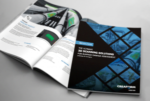 Two printed brochures showcasing Creaform’s scan-to-report solution for asset integrity, featuring product images and a field inspection photo