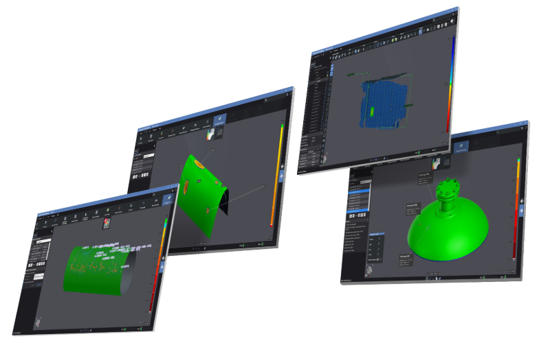 Four software screens displaying 3D model parts using Creaform’s NDT software modules