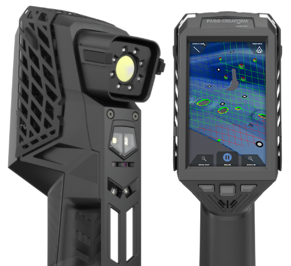 Close-up of EVO Series 3D scanner showing front and back with mesh displayed on the screen