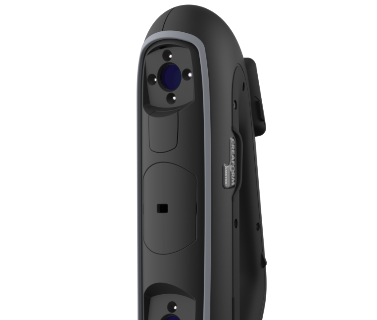 Close-up of the PRO Series 3D scanner featuring sleek black design and lenses
