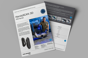 HandySCAN 3D PRO Series product brochure featuring scanner details and an image of scanning process