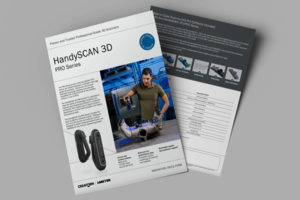 HandySCAN 3D PRO Series product brochure featuring scanner details and an image of scanning process