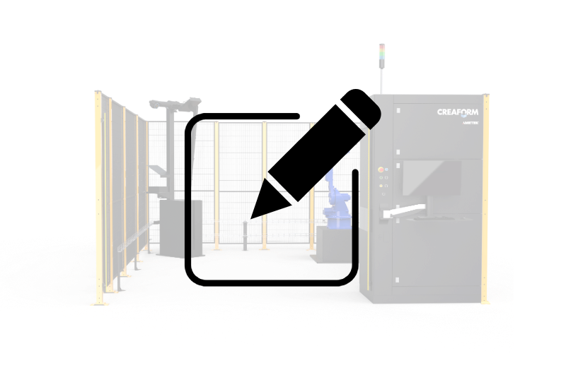 Automated measuring cell with blue robot and Creaform control unit, overlaid with a customization icon