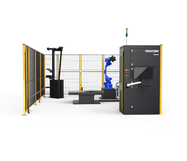 The M3 measuring cell with blue robot, table, calibration arm and Creaform control unit inside the safety enclosure