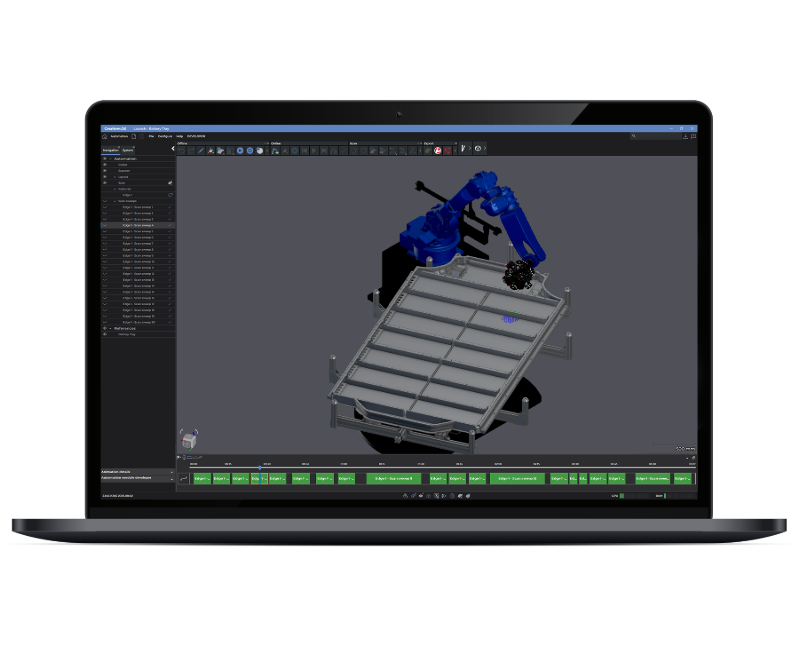 Laptop screen showing Automation software with a blue robotic arm scanning a large metallic panel