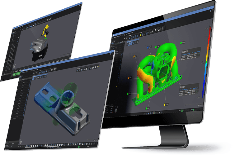 Digital screens displaying various software modules: Inspection, Scan-to-CAD and Automation. 