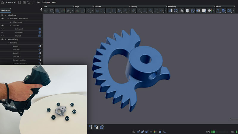 A small picture of someone using a HandySCAN BLACK+|Elite To scan a broken gear on a table, over a screenshot of a blue broken gear scan with incomplete data in the Scan-to-CAD Pro module.