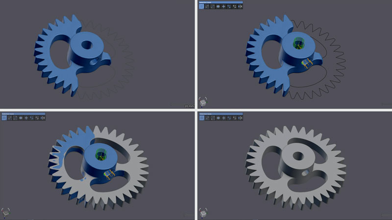 Four screenshots within the Scan-to-CAD Pro software showing the different stages of converting raw scan data of a gear into parametric CAD models.