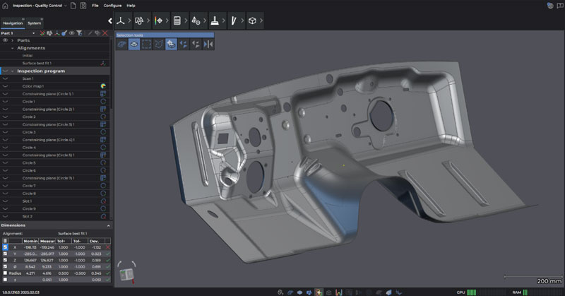 Capture d'écran d'une pièce complexe en tôle dans le module Inspection de la Creaform Metrology Suite, rendu possible grâce au module Extension tôlerie