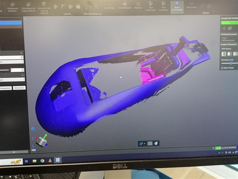 3D Scan eines Solarfahrzeug Chassis im Projekt „Solar Energy Racers“ mit dem HandySCAN 3D  sowie die daraus erzeugte digitale 3D Geometrie zur präzisen Maßaufnahme und Nachkonstruktion.