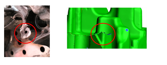 A picture of a broken automotive mold and an initial 3D scan.