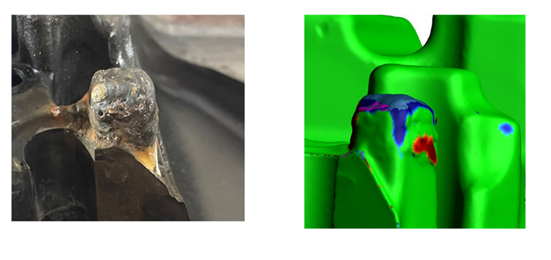 A picture of a broken automotive mold being repaired and a second 3D scan.