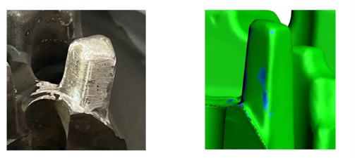 A picture of the repaired part and its 3D scan.