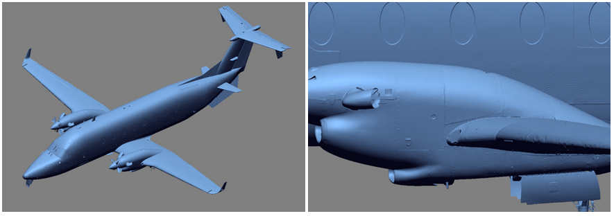 用 MetraSCAN 3D 采集到的受损飞机的完整网格和精确的数字副本。机身上的多个凹痕清晰可见。